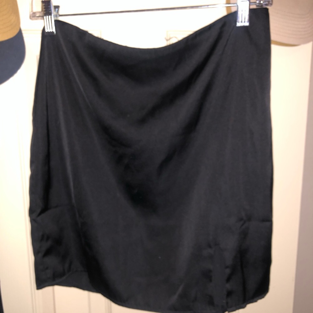 Black satin mini skirt with side slit